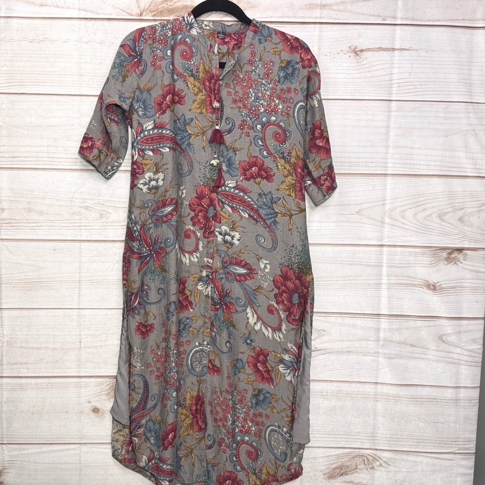 Floral Paisley Tassel Tunic Dress Gray Red Blue Mandarin Collar Large Made India